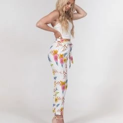 Harlow & Lloyd White Summer Floral Women's Belted Tapered Pants Pants & Joggers
