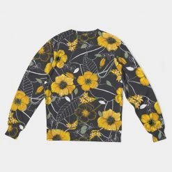 Harlow & Lloyd Yellow Flowers & Tropical Leaves Charcoal French Terry Crewneck Pullover Sweatshirt