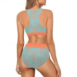 Harlow & Lloyd Vintage Motif Orange & Blue Sports Crop Top Bikini Set Women