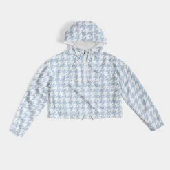 Harlow & Lloyd Baby Blue Houndstooth Women's Cropped Windbreaker Jacket