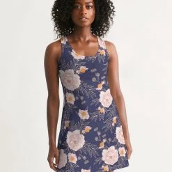 Harlow & Lloyd Orange Peonies Floral Orient Blue Women's Racerback Dress