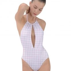 Harlow & Lloyd Pale Pink Houndstooth Plunge Cut Halter Swimsuit Women