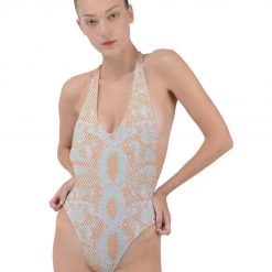 Harlow & Lloyd Green & Orange Snake Backless Halter One Piece Swimsuit Women