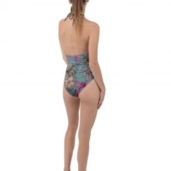 Harlow & Lloyd Swimwear Vintage Bird & Tropical Palm Plunge Cut Halter Swimsuit