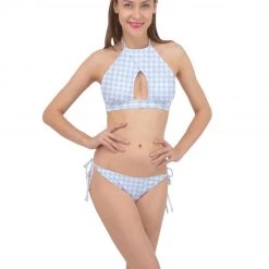 Harlow & Lloyd Pale Blue Houndstooth Cross Front Halter Bikini Set