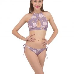 Harlow & Lloyd Orange Peonies Floral Rose Cross Front Halter Bikini Set Women