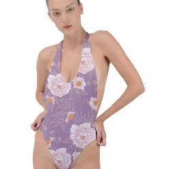 Harlow & Lloyd Women Orange Peonies Rose Floral Backless Halter One Piece Swimsuit