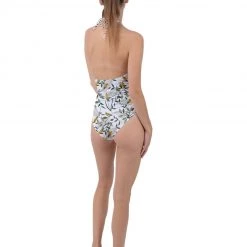Harlow & Lloyd Yellow Flower White Plunge Cut Halter Swimsuit