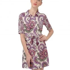 Harlow & Lloyd Purple Cream Paisley Belted Shirt Dress Women