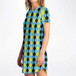 Subliminator Blue & Yellow Harlequin Check T Shirt Dress