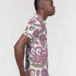 Harlow & Lloyd T Shirts & Tanks Purple Cream Paisley Men's Slim Fit Short Sleeve Polo