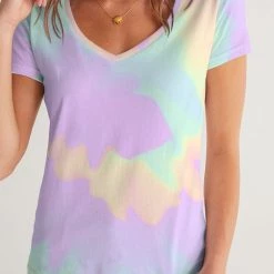 Harlow & Lloyd Lilac Mint Tie Dye Women's V-Neck Tee T Shirts & Tanks