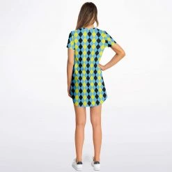 Subliminator Blue & Yellow Harlequin Check T Shirt Dress