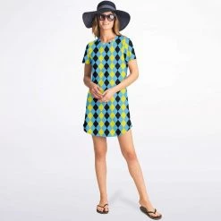 Subliminator Blue & Yellow Harlequin Check T Shirt Dress