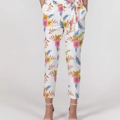 Harlow & Lloyd White Summer Floral Women's Belted Tapered Pants Pants & Joggers
