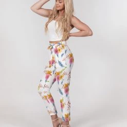 Harlow & Lloyd White Summer Floral Women's Belted Tapered Pants Pants & Joggers
