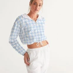 Harlow & Lloyd Baby Blue Houndstooth Women's Cropped Windbreaker Jacket
