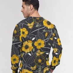 Harlow & Lloyd Yellow Flowers & Tropical Leaves Charcoal French Terry Crewneck Pullover Sweatshirt