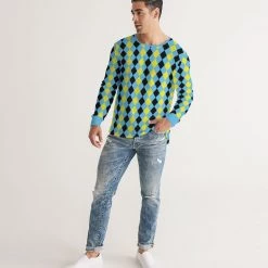 Harlow & Lloyd Blue & Yellow Harlequin Check Men's Long Sleeve Tee T Shirts & Tanks