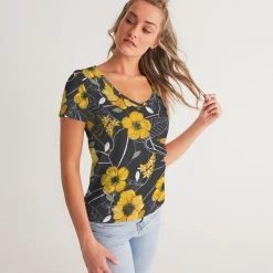 Harlow & Lloyd Yellow Flowers & Tropical Leaves Charcoal Women's V-Neck T Shirt T Shirts & Tanks 12 Harlow & Lloyd Yellow Flowers & Tropical Leaves Charcoal Women's V-Neck T Shirt T Shirts & Tanks