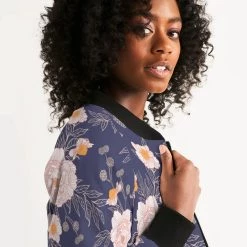 Harlow & Lloyd Orange Peonies Floral Orient Blue Women's Bomber Jacket Jackets