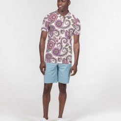 Harlow & Lloyd T Shirts & Tanks Purple Cream Paisley Men's Slim Fit Short Sleeve Polo