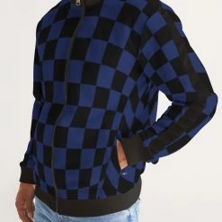 Harlow & Lloyd Jackets Black & Blue Check Men's Stripe-Sleeve Track Jacket
