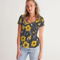 Harlow & Lloyd Yellow Flowers & Tropical Leaves Charcoal Women's V-Neck T Shirt T Shirts & Tanks