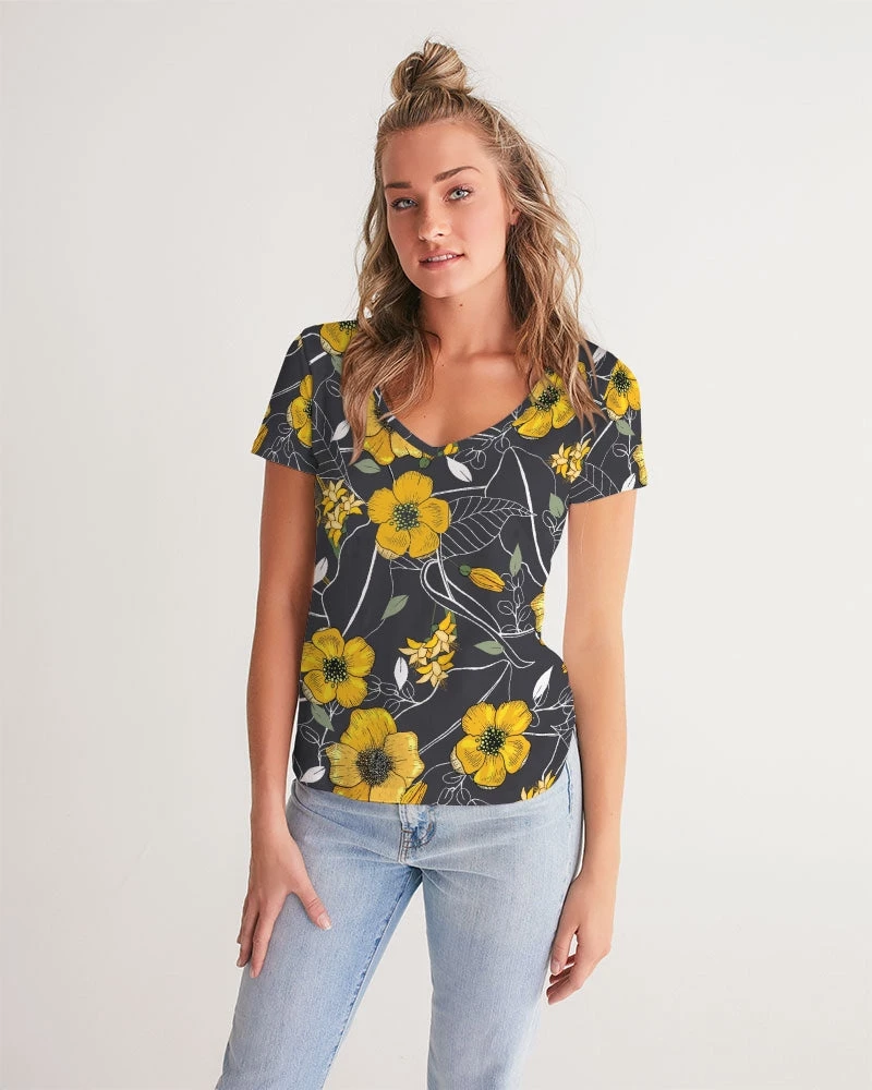 Harlow & Lloyd Yellow Flowers & Tropical Leaves Charcoal Women's V-Neck T Shirt T Shirts & Tanks 4 Harlow & Lloyd Yellow Flowers & Tropical Leaves Charcoal Women's V-Neck T Shirt T Shirts & Tanks