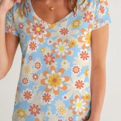 Harlow & Lloyd Blue Blooming Mod Floral Women's V-Neck Tee 12 Harlow & Lloyd Blue Blooming Mod Floral Women's V-Neck Tee