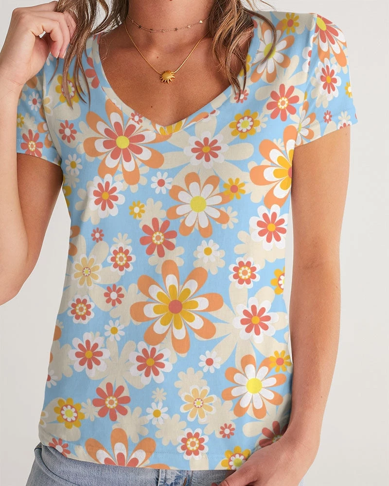 Harlow & Lloyd Blue Blooming Mod Floral Women's V-Neck Tee 5 Harlow & Lloyd Blue Blooming Mod Floral Women's V-Neck Tee