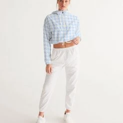 Harlow & Lloyd Baby Blue Houndstooth Women's Cropped Windbreaker Jacket