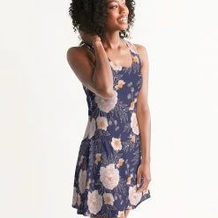 Harlow & Lloyd Orange Peonies Floral Orient Blue Women's Racerback Dress