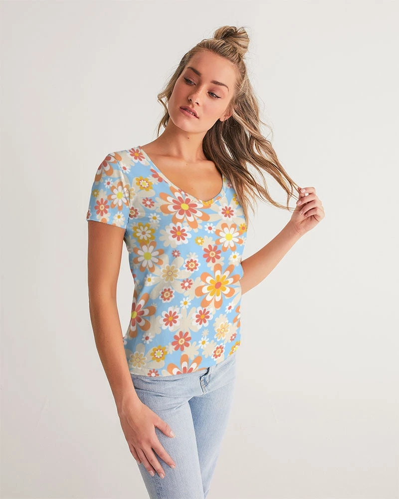 Harlow & Lloyd Blue Blooming Mod Floral Women's V-Neck Tee 3 Harlow & Lloyd Blue Blooming Mod Floral Women's V-Neck Tee