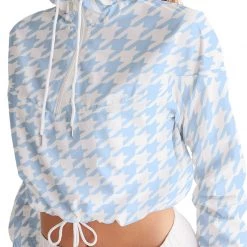 Harlow & Lloyd Baby Blue Houndstooth Women's Cropped Windbreaker Jacket