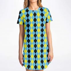 Subliminator Blue & Yellow Harlequin Check T Shirt Dress