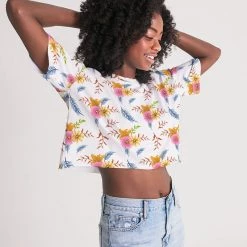 Harlow & Lloyd T Shirts & Tanks White Summer Floral Women's Lounge Cropped Tee