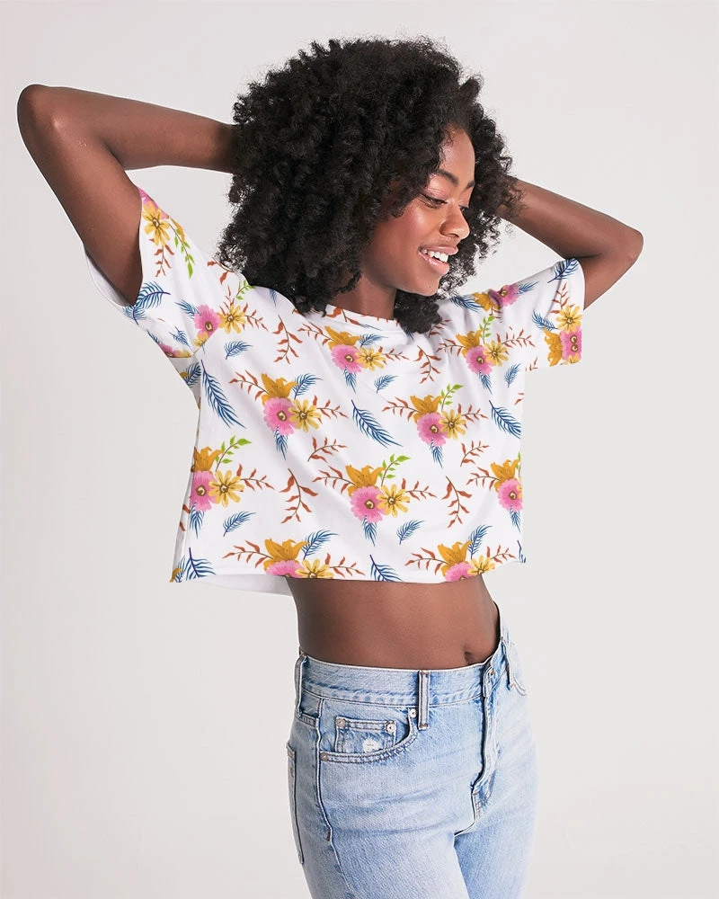 Harlow & Lloyd T Shirts & Tanks White Summer Floral Women's Lounge Cropped Tee 3 Harlow & Lloyd T Shirts & Tanks White Summer Floral Women's Lounge Cropped Tee