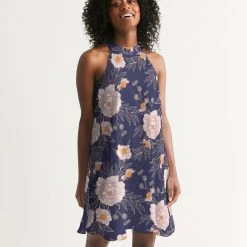 Harlow & Lloyd Orange Peonies Floral Orient Blue Women's Halter Dress