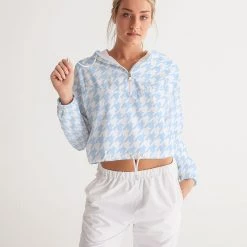 Harlow & Lloyd Baby Blue Houndstooth Women's Cropped Windbreaker Jacket