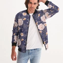 Harlow & Lloyd Orange Peonies Floral Orient Blue Men's Bomber Jacket Jackets