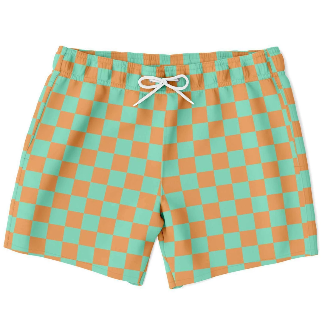 Subliminator Men Green & Orange Check Swim Shorts 3 Subliminator Men Green & Orange Check Swim Shorts