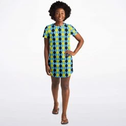 Subliminator Blue & Yellow Harlequin Check T Shirt Dress