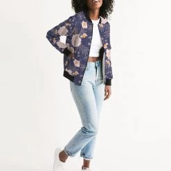 Harlow & Lloyd Orange Peonies Floral Orient Blue Women's Bomber Jacket Jackets