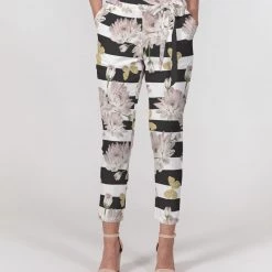 Harlow & Lloyd Pants & Joggers Pink Chrysanthemum Butterflies Women's Belted Tapered Pants