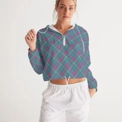 Harlow & Lloyd Purple & Green Tartan Women's Cropped Windbreaker Hooded Jacket Jackets 14 Harlow & Lloyd Purple & Green Tartan Women's Cropped Windbreaker Hooded Jacket Jackets