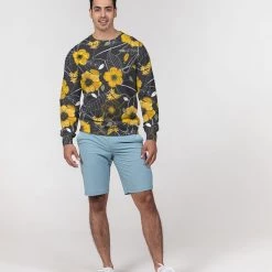 Harlow & Lloyd Yellow Flowers & Tropical Leaves Charcoal French Terry Crewneck Pullover Sweatshirt