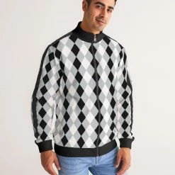 Harlow & Lloyd Harlequin Check Concrete Black And White Men's Stripe-Sleeve Track Jacket
