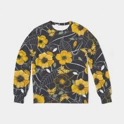 Harlow & Lloyd Yellow Flowers & Tropical Leaves Charcoal French Terry Crewneck Pullover Sweatshirt