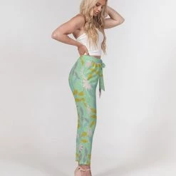 Harlow & Lloyd Green Tea Floral Women's Belted Tapered Pants Pants & Joggers